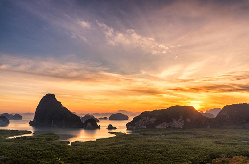 Aerial view of a mangrove river winding through Phang Nga Bay's limestone islands